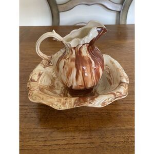 Alaskan Clay Pottery Basin & Pitcher Red Clay And White Signed 1983